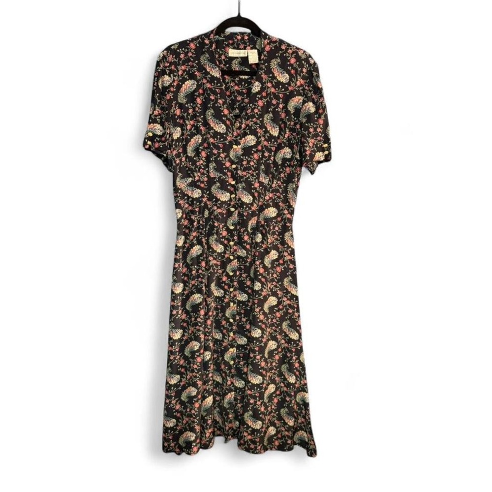 VIntage 90s Midi Dress Women's Size 10 Petite Black Floral Button Front Retro‎